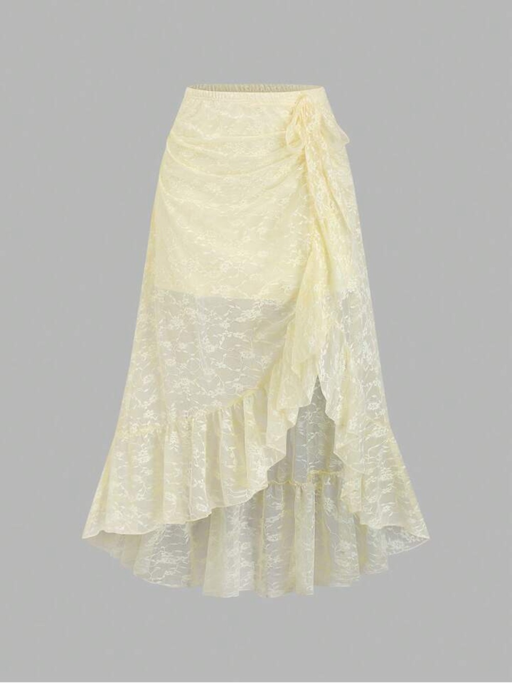 Pale Yellow Lace Ruffle High-Low Skirt